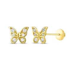 Give your little one a sweet gift with these playful butterfly stud earrings. Crafted in 14K yellow gold Each sculpted butterfly sparkles with six cubic zirconia stones The earrings secure with screw backs Yellow Gold Butterfly Earrings With Cubic Zirconia, Yellow Gold Cubic Zirconia Butterfly Earrings, Gold Earrings With Butterfly Charm In Cubic Zirconia, Gold Cubic Zirconia Earrings With Butterfly Charm, Gold Earrings With Cubic Zirconia Butterfly Charm, Aa Jewelry, Butterfly Earrings Gold, Butterfly Stud Earrings, Crystal Heart Pendant