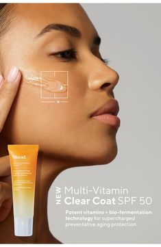 What it is: Potent vitamins and bio-fermentation technology enrich a clear sunscreen for supercharged preventive aging protection.Who it's for: Ideal for balanced, oily, dry, combination and sensitive skin types.What it does: The SPF formula nourishes and protects against early aging with high-level, free-radical-fighting SPF. It recharges antioxidant levels depleted by sun and environmental exposure. SPF is your greatest weapon against skin-damaging UV light, but it isn't perfect. SPF 50 blocks Sunscreen Advertisement, Antioxidants For Skin, Clear Sunscreen, Cosmetics Model, Skincare Design, Skin Technology, Derma Cosmetics, Skincare Ads, Women Skin Care