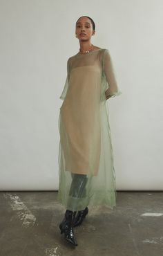 Thea Sheath Dress Boho Dress Green, Brown Organza Dress, Sequin Dress Street Style, Organza Garments, Cool Wedding Guest Outfit, Japandi Fashion, Organza Outfits, Sheer Dress Outfit, Silk Aesthetic