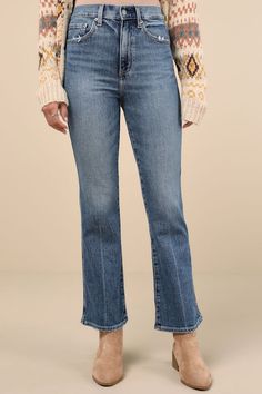 Prepare to style every top in your closet with the Daze Denim Soho Medium Wash High-Rise Flare Jeans! Medium-weight, slightly stretchy denim (in Daze Denim's Rush Hour wash) shapes these must-have jeans with a high-rise silhouette, belt loops, a five-pocket cut, and a branded top button with a hidden zip fly. Whiskering and lightly distressed details accent the figure-skimming pant legs that finish at slightly flared, cropped hems. Fit: This garment fits true to size. Length: Ankle length. Size Rush Hour, High Rise Jeans, Flare Pants, Medium Weight, Soho, Flare Jeans, Ankle Length, Rush, Must Haves