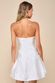 Get ready to feel effortlessly flawless with a luxe look like the Lulus Best Charm White Taffeta Strapless Mini Dress! Look stunning all night long with this too-cute dress that has a sleek, structured satin construction, shaping a strapless bodice (with hidden no-slip strips) and a flirty sweetheart neckline with a plunging notched detail and supportive V-bar. The figure-flaunting silhouette features flattering seam detailing as it falls to a drop-waist and a pleated mini hem. Hidden back zippe Strapless Taffeta Dress With Pleated Bodice And Sweetheart Neckline, Taffeta Strapless Dress With Sweetheart Neckline For Prom, Strapless Taffeta Dress With Sweetheart Neckline For Evening, Strapless Taffeta Dress With Sweetheart Neckline For Prom, Strapless Taffeta Sweetheart Neckline Prom Dress, Strapless Taffeta Prom Dress With Sweetheart Neckline, Strapless Satin Dress With Fitted Bodice, Mini Length, Elegant Strapless Taffeta Dress, Satin Strapless Dress With Boned Bodice