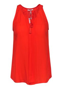 Current Boutique-Joie - Orange Silk Pleated Airlan Tank w/ Tassels Sz XS Red Fringe Tops For Summer, Casual Summer Tops With Back Tassel Tie-up, Vibrant Red Summer Tops, Summer Orange Vibrant Tops, Chic Sleeveless Tassel Tops, Summer Beach Tops With Tassels, Spring Beach Tops With Tassels, Chic Orange Tops For Beach Season, Summer Beach Tops With Tassel Ties