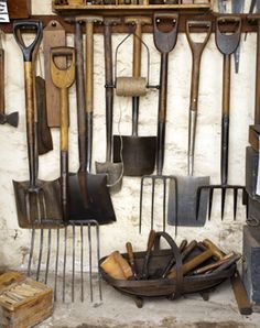 there are many tools hanging on the wall