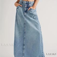 Lasaky - Vintage Style A-Line Maxi Denim Skirt with Raw Hem and Slash Pocket, Womens Denim Jeans & Clothing Collection Fitted Denim Skirt, Bracelets Leather, Vintage Denim Skirt, Womens Denim Skirts, High Waist Long Skirt, Blue Jean Skirt, Denim Maxi Dress, Long Denim Skirt, Trendy Skirts