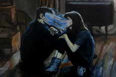 a painting of two people sitting next to each other with their faces covered by blue cloths