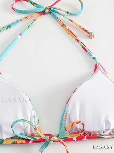 Lasaky - Womens Floral Print Halter V String 2 Piece Bikini: Triangle Tie Neck Backless Stretchy Swimsuit for Beach and Pool - Stylish Swimwear and Clothing Multicolor Backless Swimwear For Beach Season, Floral Print Backless Swimwear For Beach, Backless Floral Print Swimwear For Beach, Backless Floral Print Beach Swimwear, Multicolor Backless Swimwear For Poolside, Multicolor Backless Swimwear For Beach, Multicolor Backless Swimwear For Pool, Multicolor Printed Halter Neck Swimwear, Multicolor Backless Swimwear For Beach Party