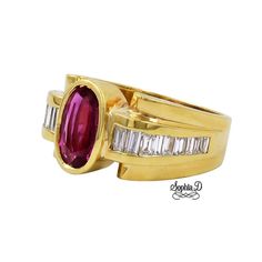 18K yellow gold ring with diamond and ruby.    Sophia D by Joseph Dardashti LTD has been known worldwide for 35 years and are inspired by classic Art Deco design that merges with modern manufacturing techniques. Luxury Ruby And Diamond Ring In Yellow Gold, Luxury Ruby Ring With Diamond In Yellow Gold, Luxury Yellow Gold Ruby Ring With Center Stone, Formal Art Deco Ruby Ring In Yellow Gold, Luxury Baguette-cut Ruby Ring In Yellow Gold, Art Deco Yellow Gold Ruby Ring For Formal Events, Modern Yellow Gold Ruby Ring For Formal Occasions, Modern Yellow Gold Ruby Ring For Formal Events, Art Deco Yellow Gold Ruby Ring