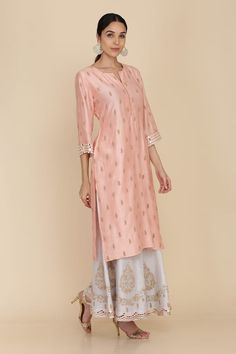 Peach pink kurta featuring zari butti embroidery all over. Paired with a ice blue sharara and a dupatta. - Aza Fashions Blue Sharara, Kurta And Palazzo, Kurta Sharara Set, Kurta Sharara, Palazzo Set, Straight Kurta, Sharara Set, Peach Pink, Set For Women