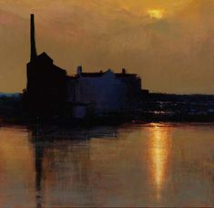 an oil painting of a factory at sunset