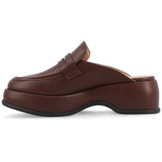 Meet Antonina, the stylish and comfortable loafer flat by Journee Collection that's perfect for any casual occasion. Made from vegan leather and featuring a square toe, Antonina showcases a 90s-inspired chunky 2 1/4 in platform heel and slip-on mule design that's perfect for achieving an Ivy League look. With a 4 mm Tru Comfort Foam™ insole, Antonina ensures a comfortable fit all day long, making it a versatile and must-have addition to your shoe collection. Ivy League Look, Comfortable Loafers, Brown Flats, Slip On Mules, Ivy League, 90s Inspired, Platform Heel, Journee Collection, Platform Heels