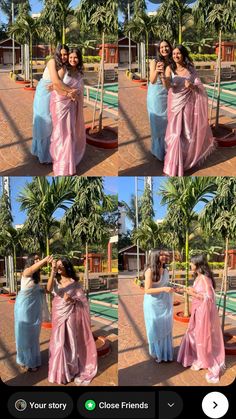 two women in pink and blue saris are posing for pictures with palm trees behind them