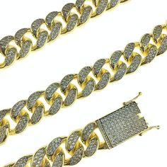 Men's 24"x 19 mm Cuban hip hop chain. 14K gold plated - high quality brass metal. Heavy chain has serious weight - 315 grams. Encrusted with round cut vivid CZ stones. Super stylish micro pave chunky box clasp. Chain shines hard - clean bright stones. A premium chain for the hip hop lifestyle. 100% FREE SHIPPING in USA. Order now! Gold Chain Link Necklace With Bling, Gold Bling Chain Link Necklace, Gold Iced Out Chain Link Necklace, Gold Cuban Link Chain Necklace Iced Out, Gold Iced-out Cuban Link Chain Necklace, Gold Cuban Link Jewelry For Streetwear, Gold Link Jewelry For Streetwear, Gold Chunky Chain Jewelry For Streetwear, Gold Iced Out Link Chain Necklace