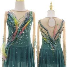 two green dresses with feathers on them and beadings in the back, one is made out of sheer fabric