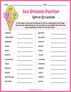 an ice cream parlor word scramble is shown in pink and white with the words'ice cream