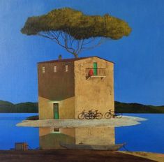 a painting of a house with bicycles parked in front of it and a tree on the roof