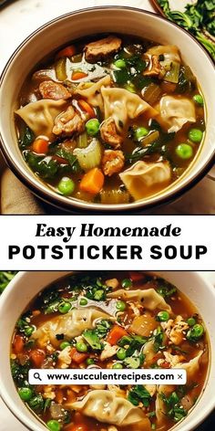 two bowls filled with soup next to each other and the words easy homemade pot sticker soup