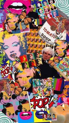 a collage of various images and pictures with an older man in the center surrounded by pop art