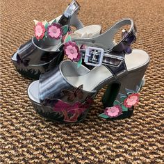 These Chunky Platform Heels Have A Metallic Vegan Leather Construction And 3d Appliques Of Flowers, Butterflies. Flower Platform Heels, Dolls Kill Bratz Shoes, Dollskill Platform Boots, Dolls Kill Shoes Platform, Dollskill Platforms, Chunky Platform Heels, Dolls Kill Shoes, Sugar Thrillz, Funky Shoes