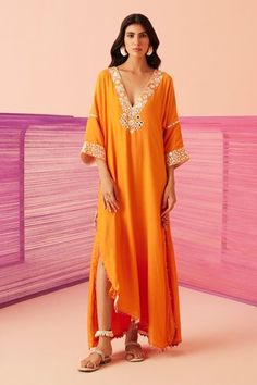 Shop for Sureena Chowdhri Orange Muslin Oblivion Embroidered Yoke Kaftan for Women Online at Aza Fashions Muslin Kaftan, Latest Kaftan Styles, Kaftan Dress Modern, Draped Lehenga, Sureena Chowdhri, Indo Western Outfits For Women, Drape Lehenga, Lehenga With Blouse, Kaftan Pattern