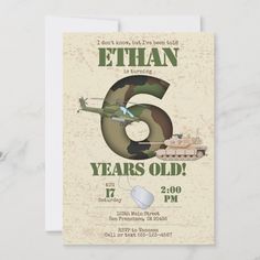 Army Invitation - 6th Birthday Invitation Size: 5" x 7". Color: camo. Gender: unisex. Age Group: adult. Material: Matte. Army Invitation, 5th Birthday Invitation, Camo Birthday Party, Army Birthday Parties, Camo Birthday, Military Party, Army's Birthday, 2nd Birthday Party Themes, 2nd Birthday Invitations