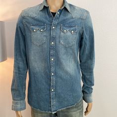 All Saints Button Up Denim Shirt In Size M -Cotton -Cowboy Style Buttons -In Great Condition Denim Blue Button-up Top For Rodeo, Denim Blue Western Button-up Tops, Western Style Denim Blue Button-up Tops, Denim Blue Button-up Shirt For Rodeo, Medium Wash Tops With Button Closure For Rodeo, Medium Wash Top With Button Closure For Rodeo, Long Sleeve Denim Shirt For Rodeo, Medium Wash Shirt With Button Closure For Rodeo, Spring Ranch Button-up Shirt