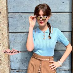 This lovely sweater is handmade with knitted cotton fabric.  It's an original model of 1930s and has polo collar and short sleeves.  Color: sky blue/ruddy brown Fabric: 100%cotton  Measurements: SMALL: Shoulder 36/39 cm - 14,25/15,50 inch Bust  82/92 cm - 32,25/36,25 inch Length 54 cm - 21,25 inch MEDIUM: Shoulder 37/40 cm - 14,50/15,75 inch Bust 86/96 cm - 34/38 inch Length 55 cm - 21,75 inch LARGE: Shoulder 38/41 cm - 15/16,25 inch Bust 90/100 cm - 35,50/39,50 inch Length 56 cm - 22 inch EXTRA 1930s Style, 1930s Fashion, Sweater Jumper, Brown Fabric, Pullover Sweater Women, Jumper Sweater, Polo Collar, Women Pullover, Sweater Outfits