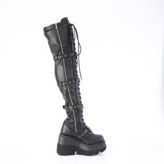 Black Knee-high Wedge Boots, Black Synthetic Alternative Platform Boots, Black Thigh High Platform Boots For Streetwear, Black Wedge Boots For Streetwear, Black High-top Wedge Boots For Streetwear, Edgy Black Wedge Boots For Streetwear, Black Synthetic Wedge Boots For Streetwear, Alternative Style Black High-top Wedge Boots, Black Platform Knee-high Wedge Boots