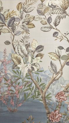 an image of a wallpaper with flowers and leaves on it's side,