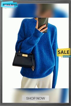 Women's Autumn and Winter New Klein Blue Sweater Oversized Blue Solid Outerwear, Oversized Blue Solid Color Outerwear, Oversized Blue Outerwear With Solid Color, Trendy Blue Outerwear With Crew Neck, Chic Blue Crew Neck Sweater, Trendy Blue Cropped Sweater, Blue Crew Neck Sweater For Work, Blue Sweater For Work, Fall Season, Blue Sweater For Workwear In Fall