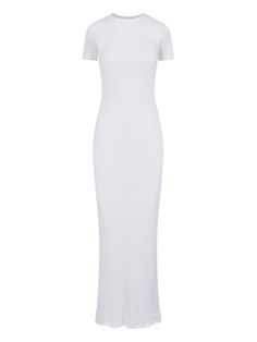 Ludovic de Saint Sernin maxi dress in ribbed white cotton blend with crew neck, short sleeves, tonal embroidered logo detail on the front, straight hem. Composition: 95% Cotton, 5% Elastane Classic Fitted Short Sleeve Maxi Dress, Classic Fitted Maxi Dress With Short Sleeves, White Fitted Crew Neck Dress, Spring Fitted Crew Neck Maxi Dress, White Ribbed Fitted Maxi Dress, Fitted White Maxi Dress With Short Sleeves, White Fitted Maxi Dress With Short Sleeves, Classic White Fitted Maxi Dress, Classic Fitted White Maxi Dress