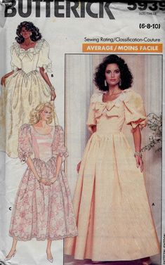 Dress, above ankle or evening length, has bias neck binding, fitted, lined, shaped front bodice with side front seams, flared skirt with side front seams (no side seams), back zipper and elbow length sleeves with sleeve stiffening at cap and elastic and bow at lower edge. This sewing pattern is out-of-print, uncut, factory folded, complete with instructions. Fitted Spring Dress With Bias Cut, Fitted Bias Cut Dress For Spring, Spring Bias Cut Stretch Dresses, Spring Stretch Bias Cut Dress, Fitted Bias Cut Evening Dress, Fitted Bias Cut Dress For Evening, Maxi Length Dress With Bias Cut And Fitted Bodice, Elegant Maxi Dress With Fitted Bodice And Bias Cut, Spring Midi Dress With Bias Cut And Fitted Bodice