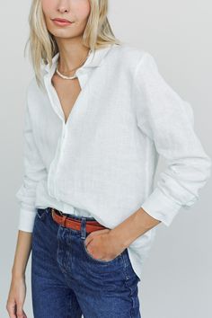 Our loose and relaxed summer staple, The Washed Linen Shirt. Wear with the sleeves pushed up and slouchy for a cool girl fit.    Rochelle Behrens reimagined how shirts should fit and feel. Our patented No Gape® button technology, seamlessly designed into every shirt and shirtdress we design, eliminates blouse gape. Finally say bye bye blouse gape, hello The Shirt.      * 100% Linen    * Made in Portugal    * Powered by our patented No Gape® button technology. London Summer Outfits, Wardrobe Checklist, Kitchen Cottage, London Summer, Linen Fashion, Say Bye, Classic Wardrobe, Girl Fits, Summer Staples