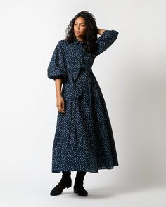 The Isla is a romantic, slightly oversized shirtdress shape with a point collar, puffed three-quarter sleeves with elasticated openings, and a full, tiered skirt, plus an optional self-tie sash to cinch the waist or leave off for a more voluminous silhouette. This one is made up in a lightweight crinkle cotton from Japan that goes year-round easily... add sandals or espadrilles in the summer, or swap for tall boots to take it into cold weather. Oversized Shirtdress, Crinkle Cotton, Clothing Catalog, Buckle Shoes, Sweater Gift, Liberty Fabric, Sweater Pants, Tier Skirt, Heeled Loafers