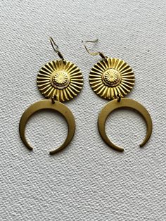 "Brass crescent moon earrings with Concho at center.  Approximately 2.5\" length." Crescent Moon Earrings, Egyptian Jewelry, Moon Earrings, Jewelry Creation, Croissant, Crescent Moon, Crescent, Jewelry Earrings Dangle, Etsy Earrings