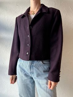 - Vintage Pendleton purple cropped jacket - 100% wool - Lined - Made in USA - Small Chest: 19" Length: 19" Sleeve: 22.5" We are not responsible for lost, stolen, or damaged packages once they have been shipped. Any additional customs duties or taxes incurred on international orders are the responsibility of the buyer. Please note that our items are vintage and may have minor flaws or imperfections due to their age, which adds to their unique character. Fitted Cropped Jacket With Button Closure For Fall, Fitted Button-up Cropped Jacket For Fall, Fitted Wool Cropped Jacket For Spring, Single Breasted Purple Outerwear For Fall, Purple Single-breasted Outerwear For Fall, Fall Purple Single Breasted Outerwear, Purple Button-up Outerwear For Work, Tailored Wool Cropped Jacket For Winter, Classic Cropped Winter Jacket