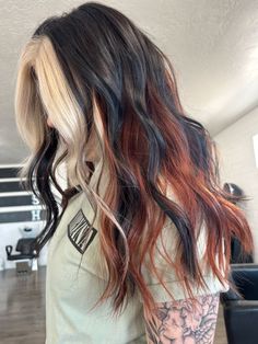 Braid Fusion: Mix and Match Colors with Calico Braids Strong Color Contrast Hair, Copper Hair Ideas With Blonde, Copper Block Color, Colors That Go With Black Hair, Black Tip Blonde Hair, Red Black And Blonde Hair Color Ideas, Hair Color Ideas Calico, Blonde Black Red Hair, 2024 Hair Inspiration