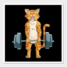 an orange cat is lifting a barbell with its mouth wide open and it's teeth showing