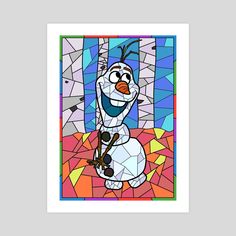 an image of a cartoon character from frozen world with stained glass background and white frame