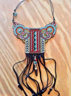 Beadwork Tribal Necklace with Black Leather Fringe by perlinibella #jewelry #necklace #beadwork Afghan Jewellery, Nugget Bracelet, Jasper Bracelet, Inspired Necklace, Leather Fringe, Delicate Earrings, Gold Jewellery Design