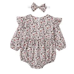 C / 24M Girl’s 2Pcs Floral Printed Romper Cooler Weather Outfits, Flower Print Jumpsuit, Pattern Romper, Toddler Romper, Ruffle Long Sleeve, Bubble Romper, Matching Headband, Clothing Tags