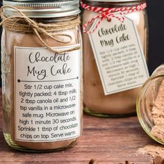 chocolate mug cake mix in a jar with labels on the front and side, along with other ingredients