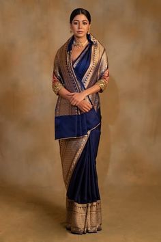 Royal blue mashru silk banarasi saree with geometric and floral handcrafted pattern. Comes with an unstitched blouse. - Aza Fashions Blue Banarasi Saree Look, Lehanga Saree, Royal Blue Saree, Sarees Banarasi, Blue Silk Saree, Royal Blue Blouse, Wedding Sari, Saree For Women, Blue Saree