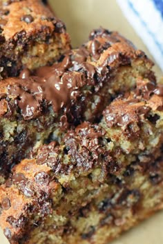 chocolate chip banana bread is cut in half