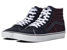 Vans SK8-Hi - Skate Shoes : Two-Tone Navy/Port : Keep it old school every step of the way with the classic Vans SK8-Hi skateboard shoes! High-top skate shoes with a classic silhouette and Sidestrap detail. Uppers of suede, leather, or canvas. Cotton drill lining. Padded collar for added comfort and support. Triple-stitch collar adorns collar. Die-cut EVA insert. Vulcanized construction: • Slimmed-down profile offers a flexible feel. • Gum rubber outsole with signature waffle tread provides super Vans High-top Skate Shoes With Elastic Laces, High-top Vans Skate Shoes With Textured Sole, Vans High-top Sneakers For Skateboarding, Vans High-top Cotton Skate Shoes, Vans High-top Skate Shoes With Red Sole, Skateboard Shoes, Vans Sk8 Hi, Classic Vans, Vans High Top Sneaker