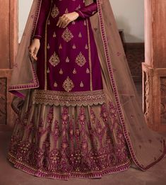 Wine Purple & Taupe Designer Embroidered Kurti Style Lehenga-Saira's Boutique Embroidery Hand Work, Kurti Styles, Wedding Reception Party, Kurti Style, Wine Purple, Taupe Fabric, Embroidered Kurti, Zari Embroidery, Top Satin