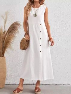 Loose Sleeveless Asymmetric Buttoned Split-front Split-Joint Round-neck Midi Dresses WHITE-S Long Dresses Casual Maxi, Long Skirt Fashion, Sleeveless Skirt, White Linen Dresses, Cotton Linen Dresses, Womens Shift Dresses, Linen Casual, Maxi Robes, Linen Maxi Dress