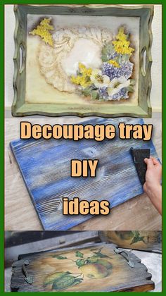 two pictures with the words decoupage tray diy ideas