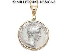 This delicate charm necklace features a genuine Augustus coin from 27 B.C.-14 A.D. set with a 14k gold setting.  AUGUSTUS: The first and one of the most famous, Octavius Augustus was the first emperor of the Roman Empire; which he founded after defeating Cleopatra and Marc Anthony.  He had an extremely long successful and expansive reign of 44 years.   * Fine Augustus Coin - Lugdunum Mint  * Front: Head of Augustus Wearing Laurel Wreath * Back: Gaius & Lucius (grandsons of Augustus) standing, with a hand resting on a round shield, a spear, & a lituus right & simpulum left above them * Pendant Drop: 28.27mm/1.11 inches * Pendant Width: 20.06mm/0.79 inches * Pendant Only or with 14k Wheat Chain 0.8mm Thickness; Adjustable to 16, 17, and 18 inches ** PLEASE NOTE: This is the exact coin you wi Classic Coin Jewelry For Commemoration, Classic Coin Pendant Necklace For Commemoration, Classic Round Coin Pendant Jewelry, Commemorative White Gold Necklace With Coin Pendant, Classic Stamped 14k Coin Jewelry, Classic 14k Stamped Coin Jewelry, Classic 14k Gold Medallion Coin Necklace, Classic Jewelry For Commemoration With Round Pendant, Classic Coin Necklace With Polished Finish