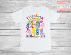 Looking for the perfect Care Bears shirts for that special Birthday Boy or Girl? You've found it!! Whether its just the Birthday boy/girl looking to stand out or the whole family looking to make a matching statement, these are the perfect tee's. Custom made with that special someone's name and age! Super soft, comfortable and made to last you wont regret taking your party to the next level with these awesome shirts!! Please don't forget to specify birthday boy or birthday girl. Please take the p Cute Birthday T-shirt With Character Print, Fun Personalized T-shirt For Birthday, Cute Character Print T-shirt For Birthday, Personalized Multicolor Birthday T-shirt, Cute Birthday T-shirt, Pre-shrunk, End Of School Year Birthday T-shirt With Name Print, Multicolor T-shirt For Birthday And End Of School Year, Family Birthday Shirts, Family Birthday