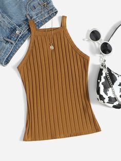 Brown Casual   Cotton Plain Halter Embellished Slight Stretch Summer Women Tops, Blouses & Tee Blusas Crop Top, Black Ruffle Top, Solid Tank Tops, Trendy Fashion Tops, Tie Dye Tank Top, Clothing Photography, Women Tank Tops, Crop Top Shirts, Sweater Tank Top